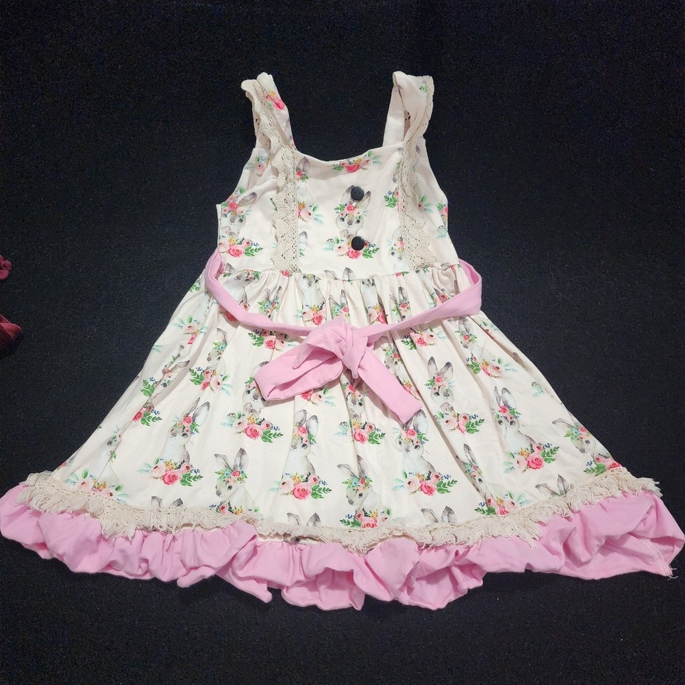 Marie‎ Nicole Clothing Kids Bunny Floral Lace Dress Pink Ribbon Bow Size L
